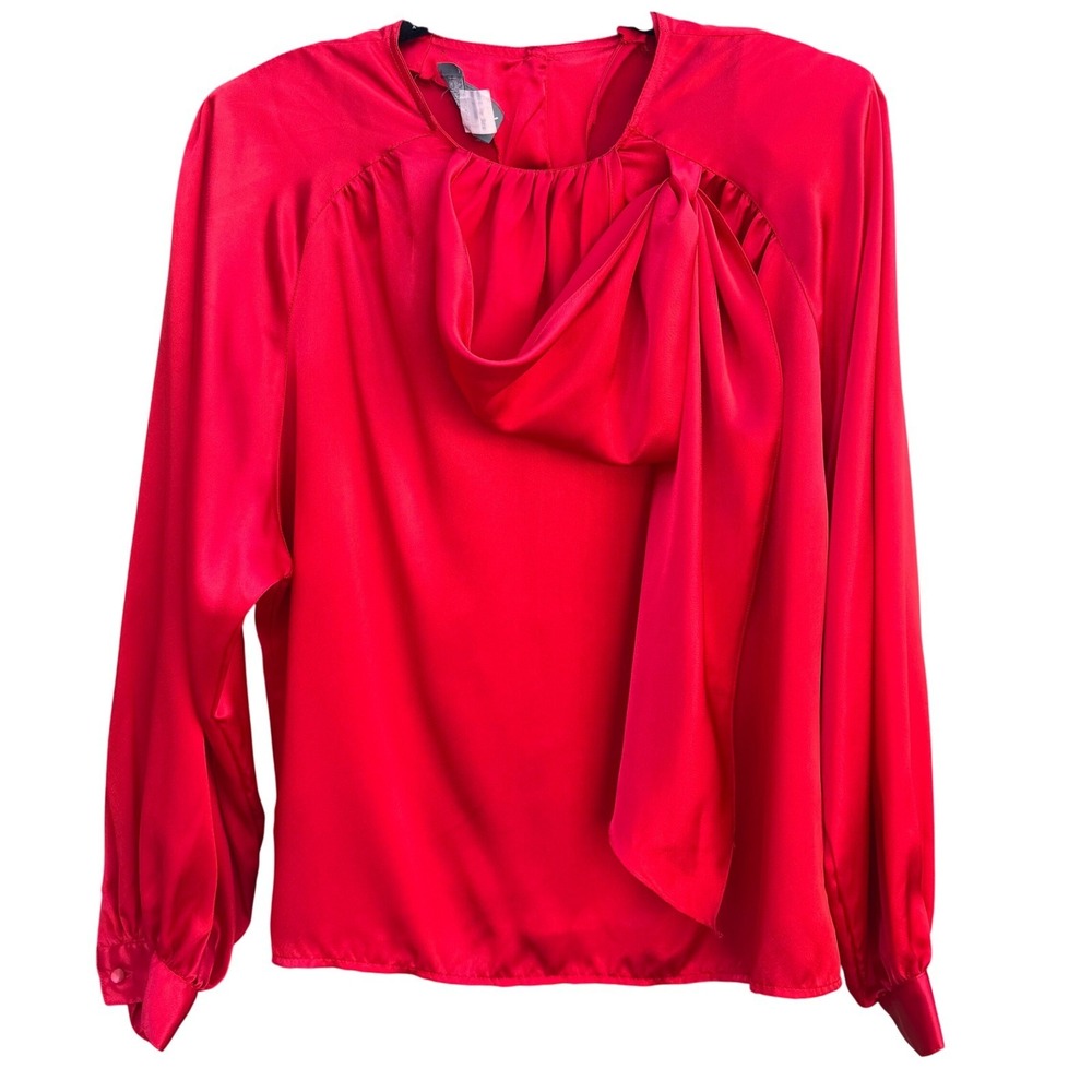 Sonya Ratay San Andre Vintage 80s Satin Scarf Neck Pleated Drapey Red Blouse 8